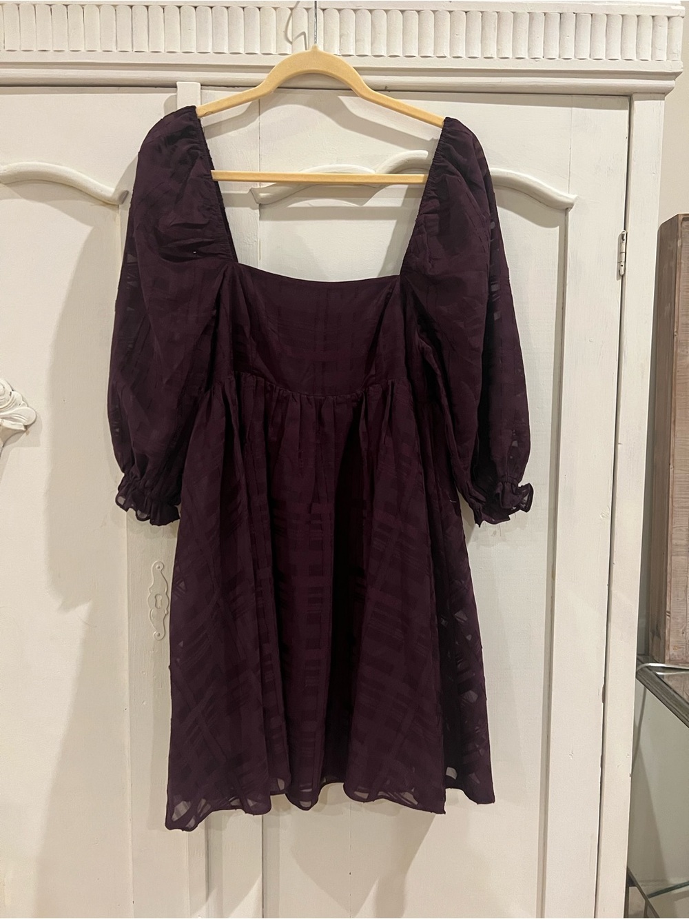 NWT Herringstones DeeDee Gameday Neck Puff Sleeve Dress Fall Purple Plum m